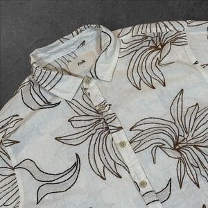 Folk Men's Linen Blend Short Sleeve Button Up‎ Shirt White Floral Embroidered L